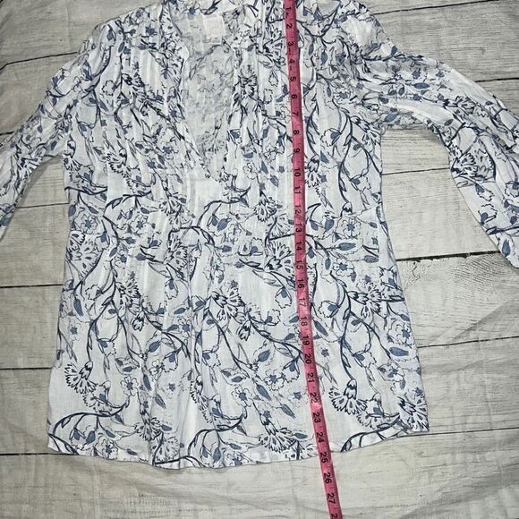 120% Lino Etched Indigo Floral Print Poet Style Top Pintucked sz IT 38, US 2 - Picture 6 of 9